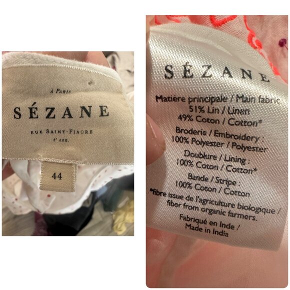 Sezane Grace Embroidery Midi Dress Large 44 Ballon Sleeves Linen Polka Dots Bows - Picture 6 of 16